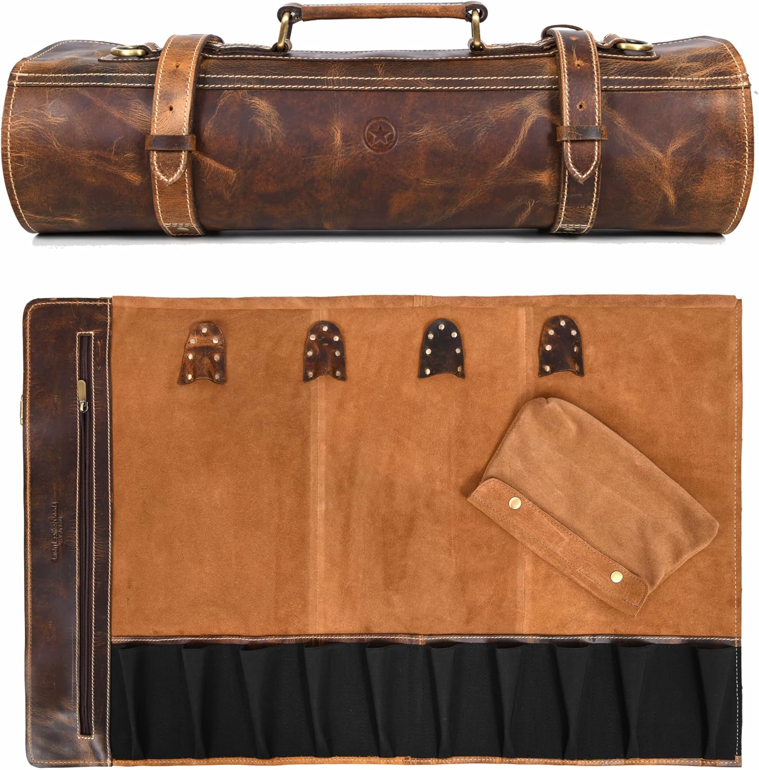 AARON LEATHER GOODS VENDIMIA ESTILO Leather Knife Roll Storage Bag, Elastic and Expandable 10 Pockets, Adjustable/De... product photo