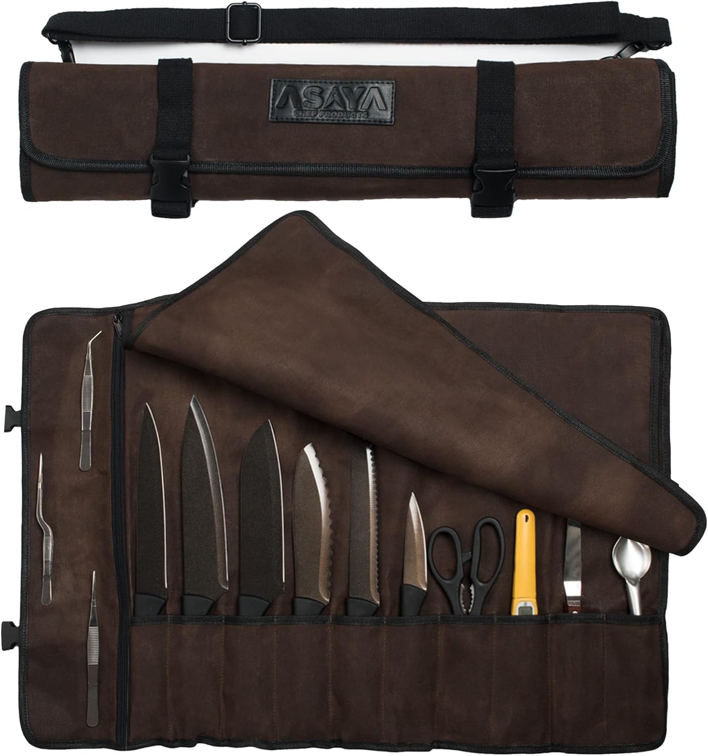 Asaya Waxed Canvas Chef Knife Roll Bag with 10 Slots and a Zipper Pocket - Professiona... product photo