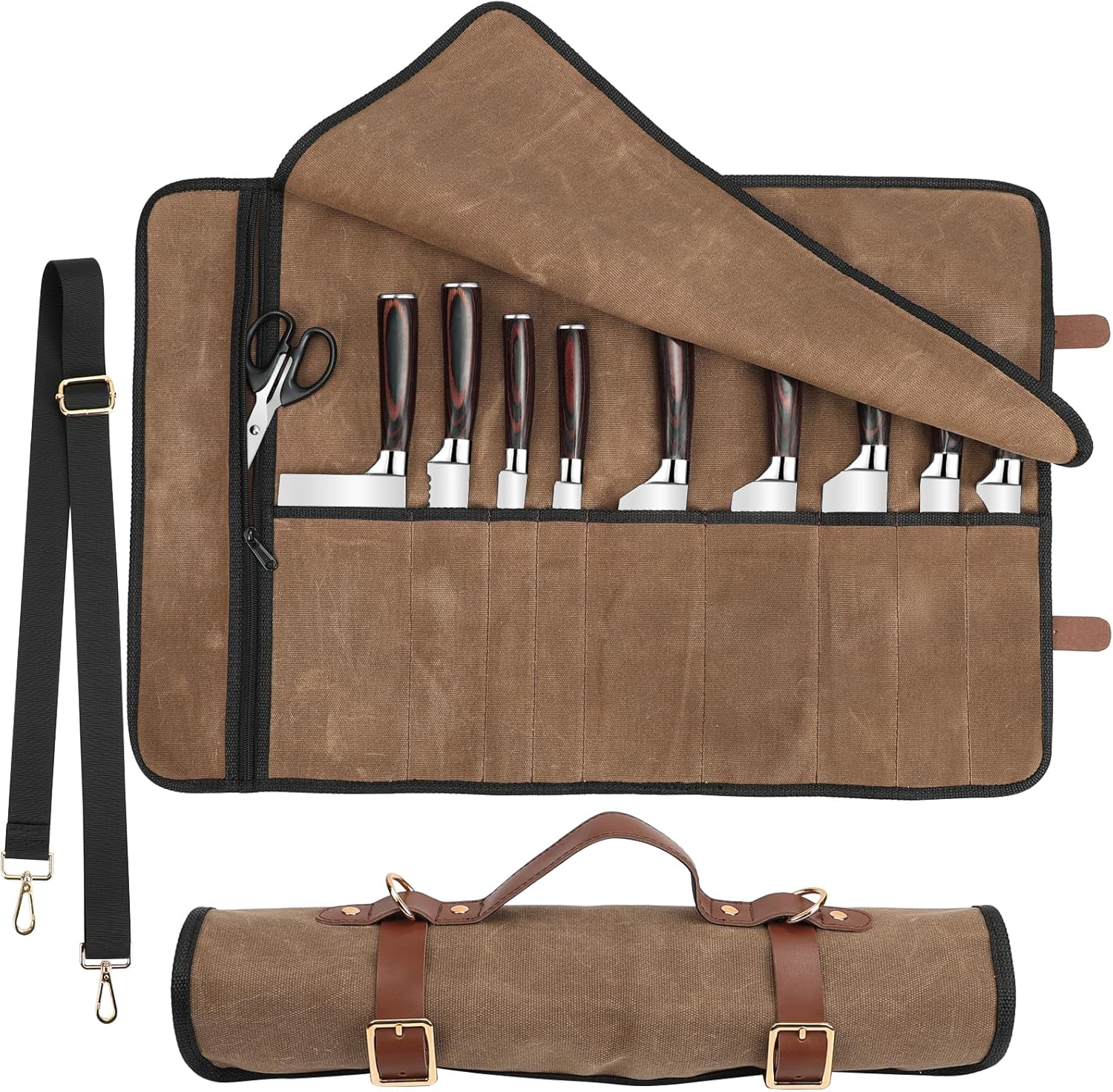 JOINDO Knife Roll with Leather Straps and Metal Buckles, Double Layer Waxed Canvas Knif... product photo