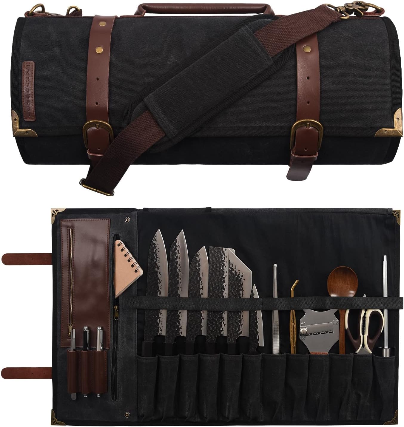 Manjushri Elegant and Light 12 Slots Professional Waxed Canvas & Genuine Leather Chef Knif... product photo