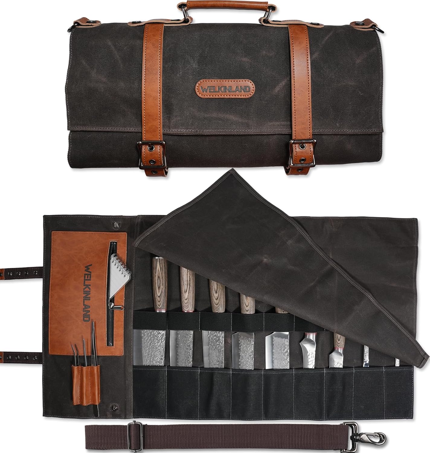 WELKINLAND 13-Pocket Knife Roll, Waxed-Canvas Leather Knife Roll Bag, Heavy-Duty Chef Knife... product photo